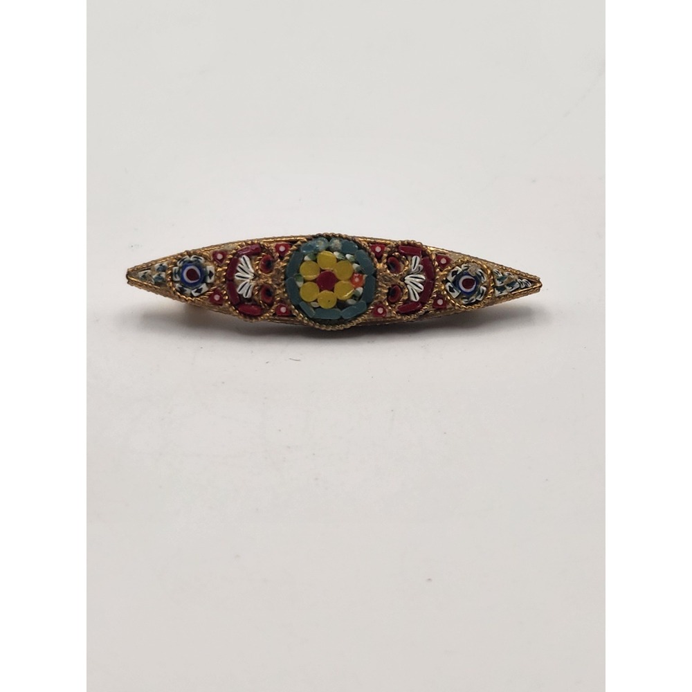 Vintage Italian Micro Mosaic Floral Brooch Gold Tone Marquise Millefiori Pin